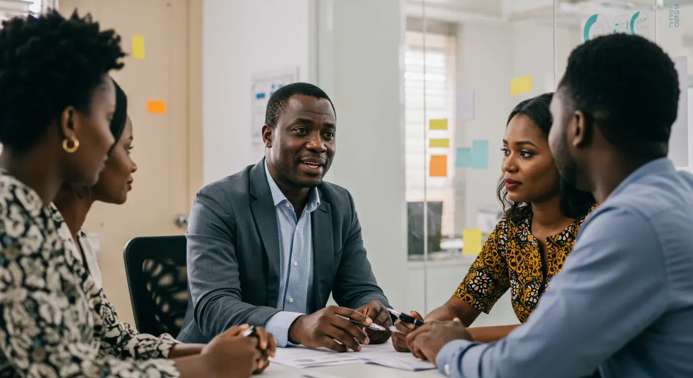 A group of professionals engaged in a discussion during a business meeting in a modern office setting.